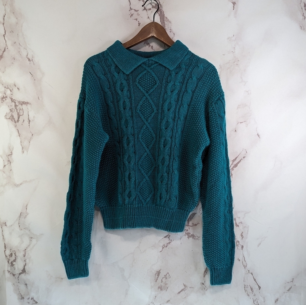 Vintage Sweater Women Medium Teal Cable Knit Chunky Academia Grandpa Coastal